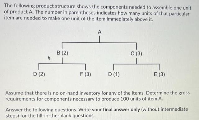 [SOLVED] The following product structure shows the components needed to ...