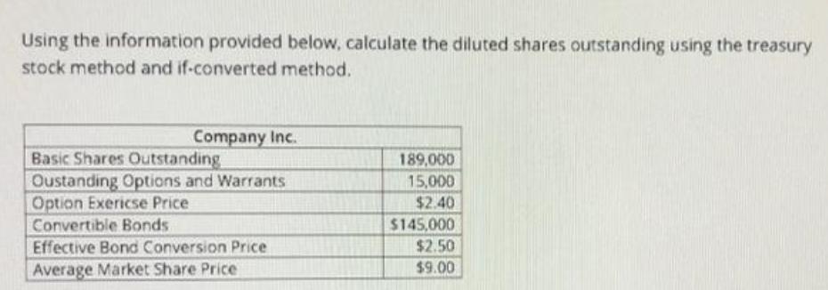[SOLVED] Using the information provided below, calculate the diluted ...