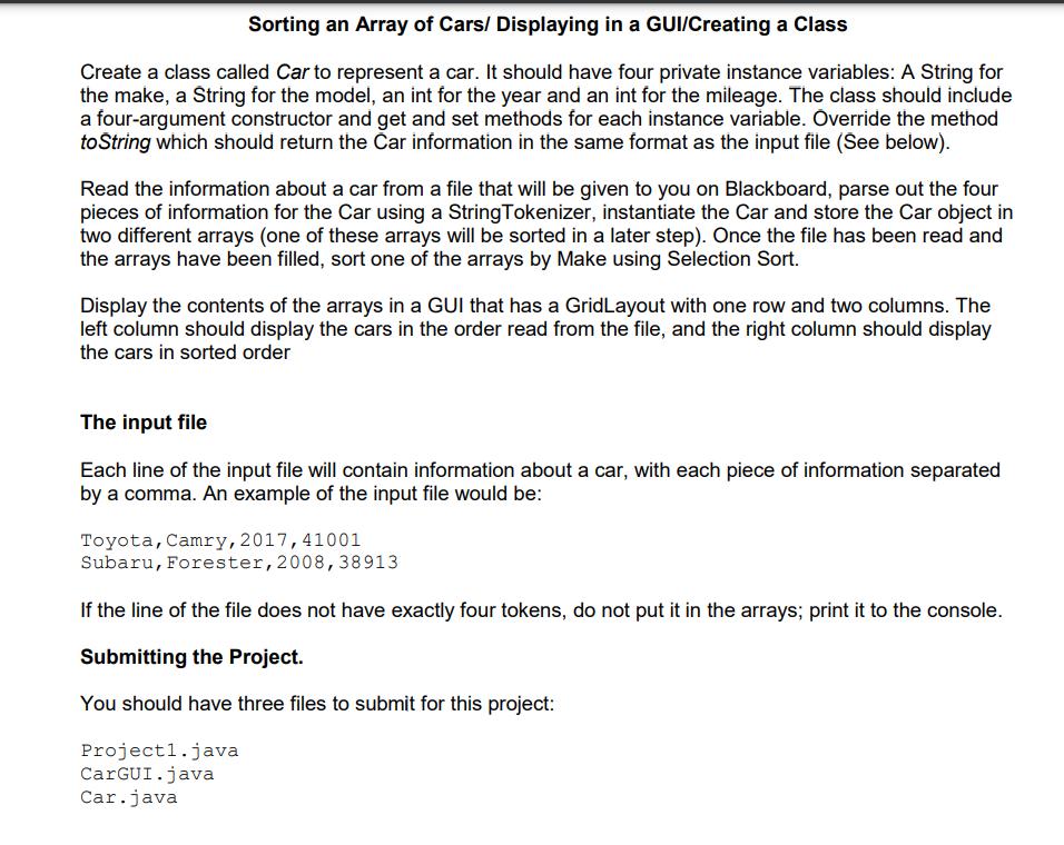 [SOLVED] Sorting an Array of Cars/ Displaying in a GUI/Creating a Class ...