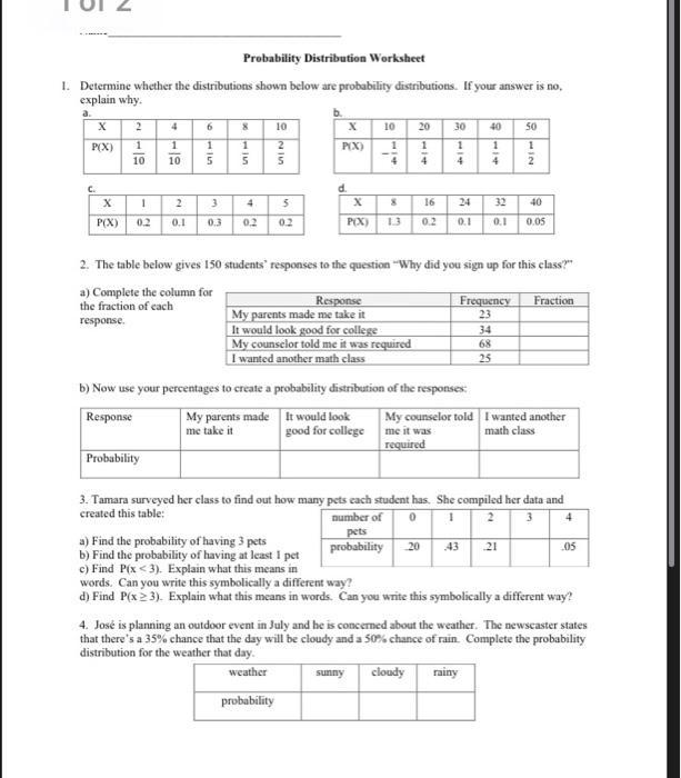 [SOLVED] Probability Distribution Worksheet 1. Determine whether the ...
