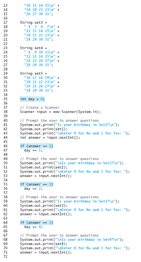 [SOLVED] Listing 4.3, GuessBirthday.java, gives a program for guessing ...