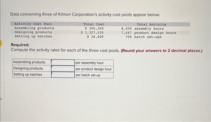 [SOLVED] Data concerning three of Kilmon Corporation's activity cost ...