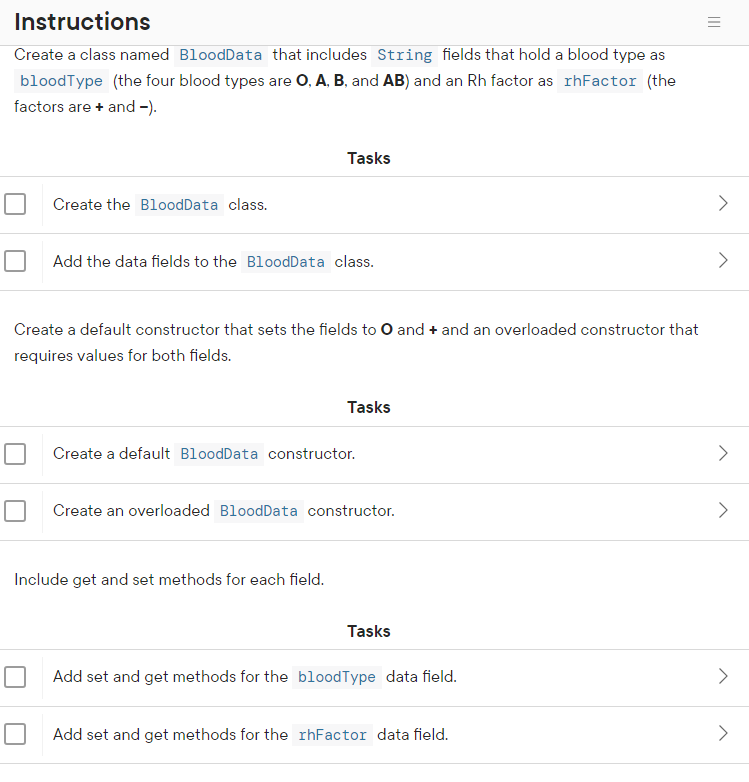 [SOLVED] Instructions Create a class named BloodData that includes ...