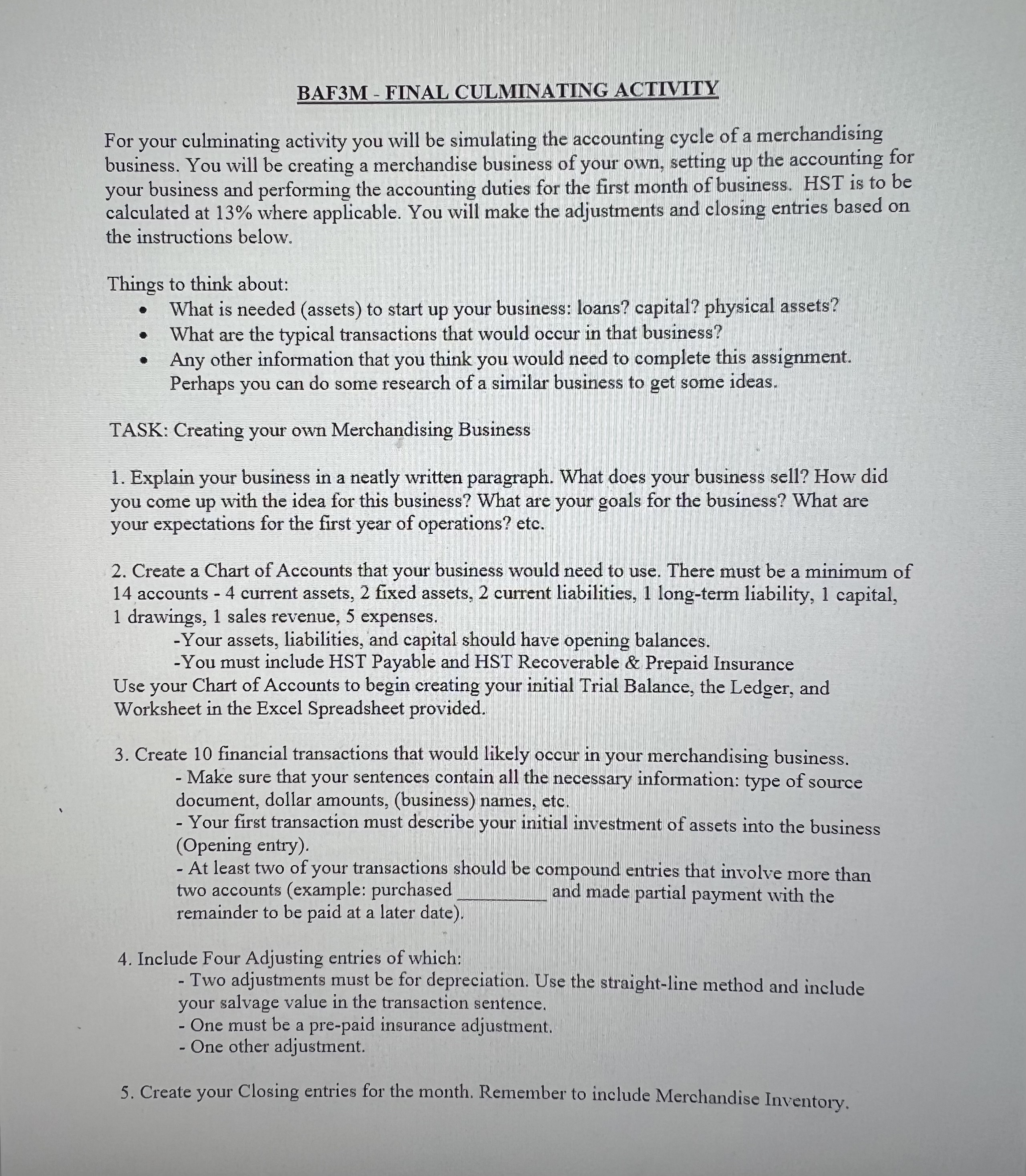 [SOLVED] BAF3M - FINAL CULMINATING ACTIVITY For your culminating ...