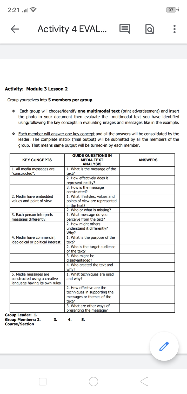 [SOLVED] 2:21. Activity 4 EVAL... Activity: Module 3 Lesson 2 Group ...