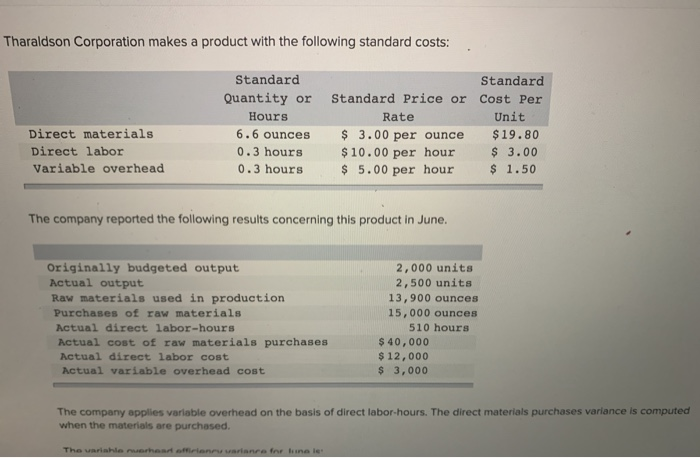 [SOLVED] Tharaldson Corporation makes a product with the following ...