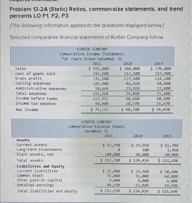 [SOLVED] Problem 13-2A (Static) Ratios, common-size statements, and ...