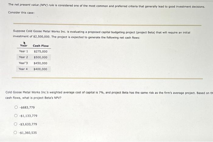 [SOLVED] The net present value (NPV) rule is considered one of the (1 ...