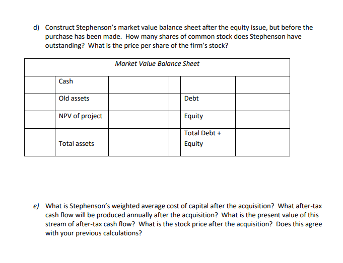 [SOLVED] 2) Construct Stephenson's market value balance sheet before it ...