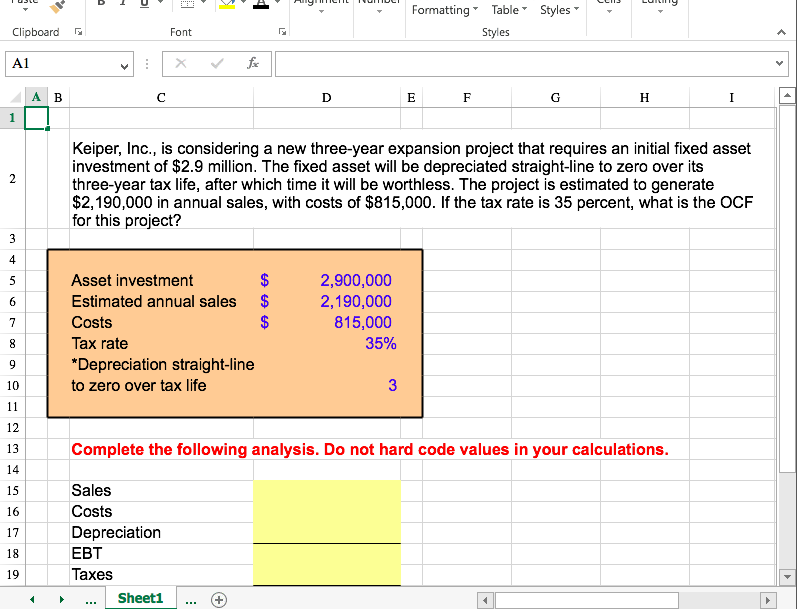 [SOLVED] Compute the OCF for this project. Formatting Table Styles ...