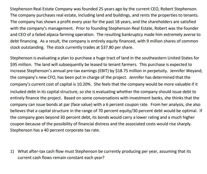 [SOLVED] 2) Construct Stephenson's market value balance sheet before it ...