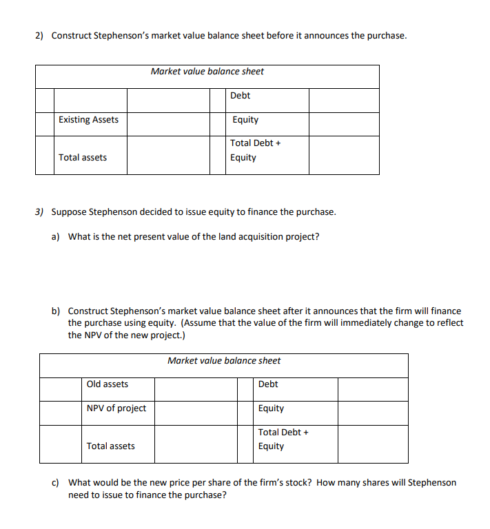[SOLVED] 2) Construct Stephenson's market value balance sheet before it ...