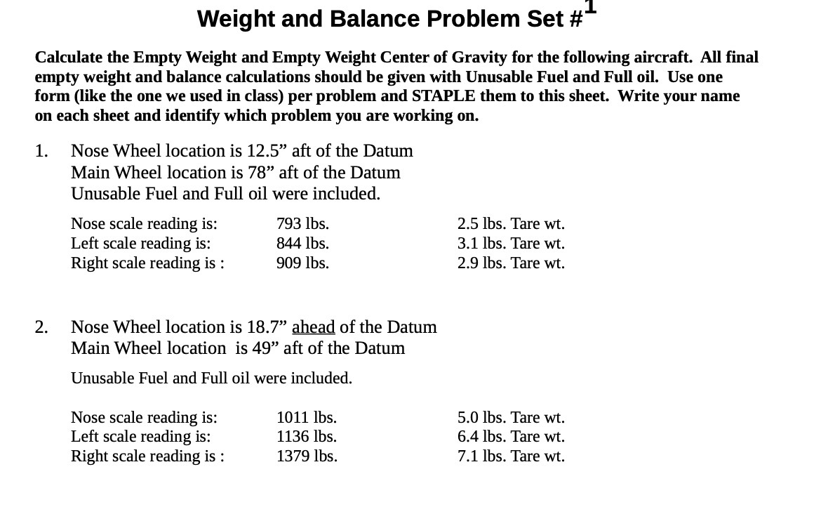 [SOLVED] Weight and Balance Problem Set #1 Calculate the Empty Weight ...