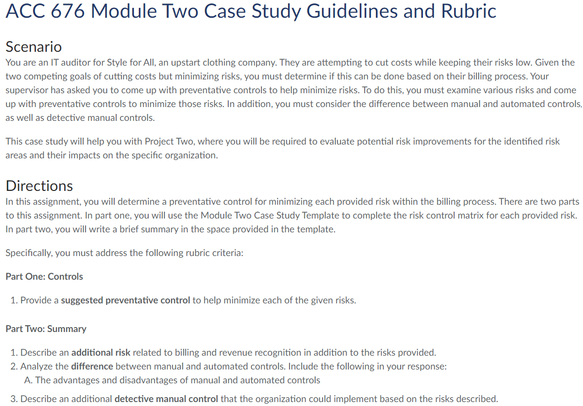 [SOLVED] ACC 676 Module Two Case Study Guidelines and Rubric Scenario ...