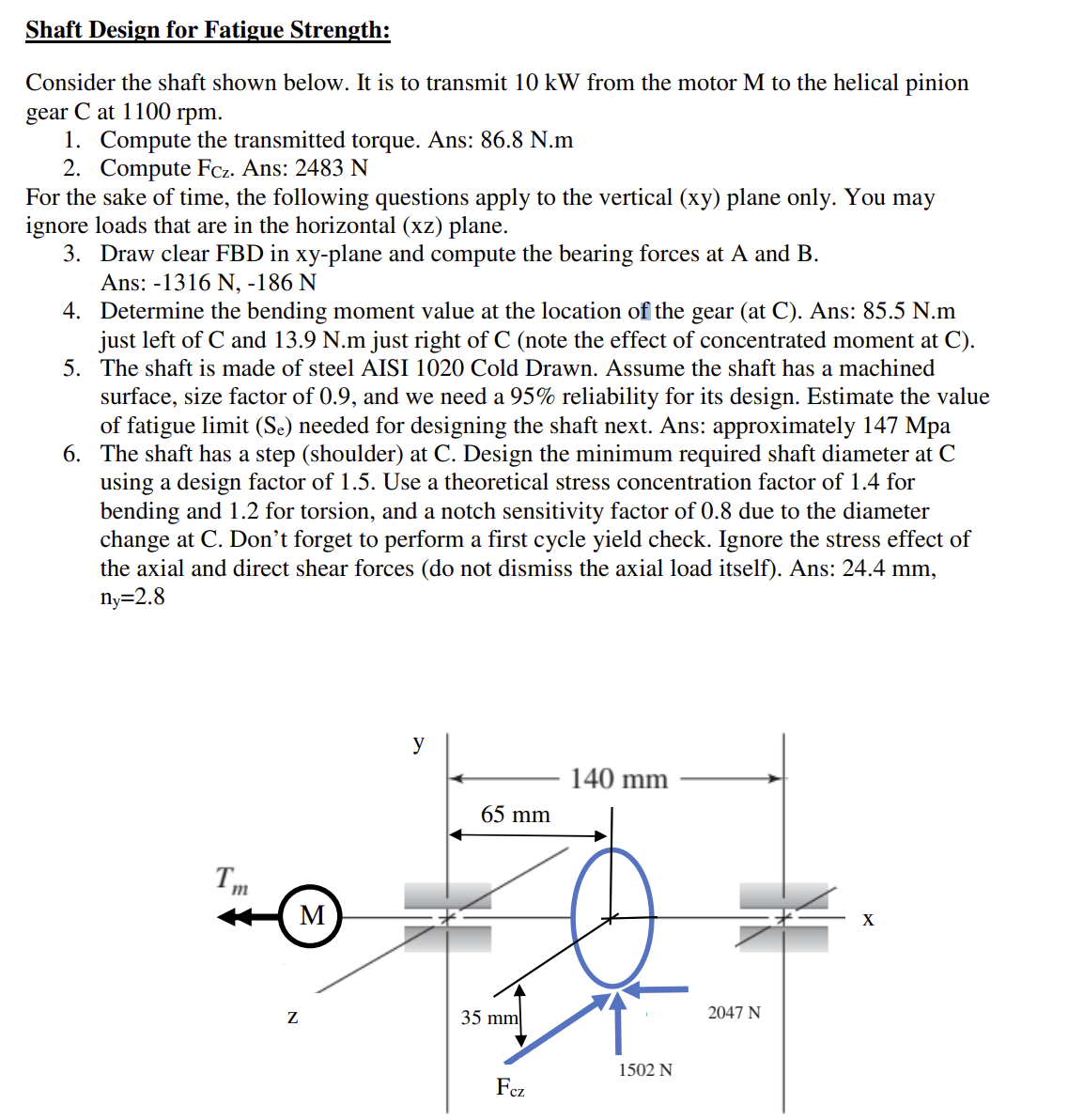 [SOLVED] Shaft Design for Fatigue Strength: Consider the shaft shown ...