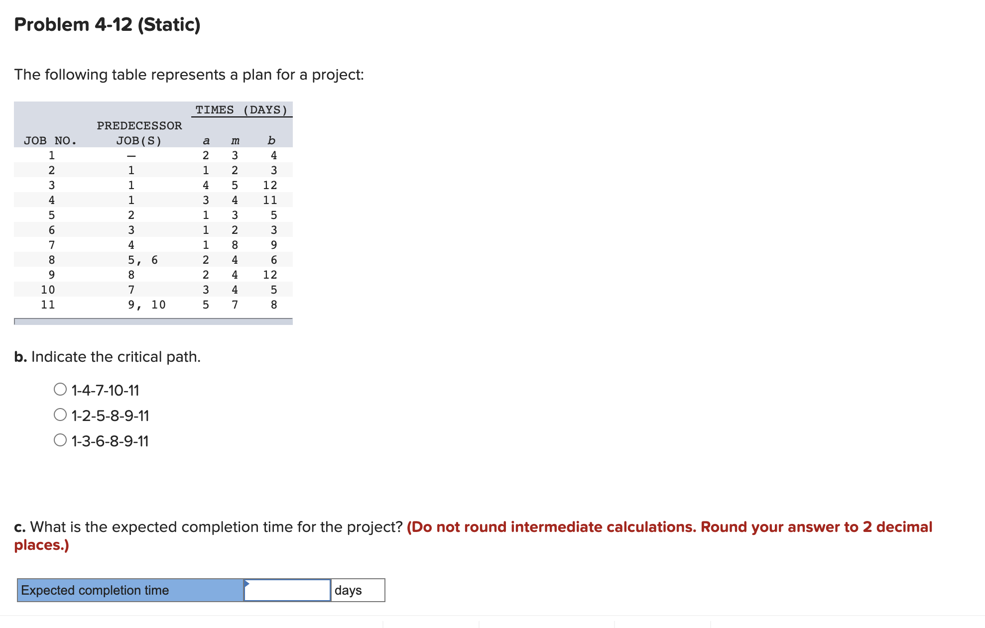 [SOLVED] Problem 4-12 (Static) The following table represents a plan ...