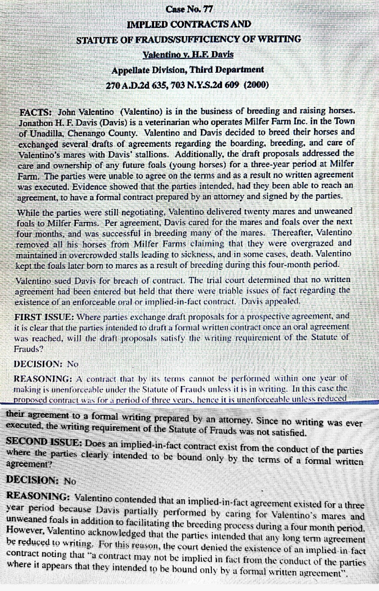 [SOLVED] Case No. 77 IMPLIED CONTRACTS AND STATUTE OF FRAUDS ...